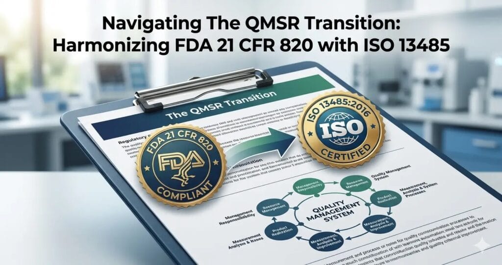 Illustration of the QMSR transition showing FDA 21 CFR Part 820 harmonized with ISO 13485:2016 quality management system regulation for medical device manufacturers in 2026