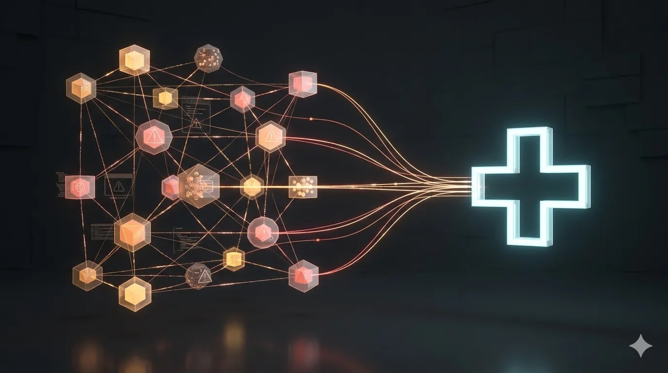 Interconnected geometric risk management matrix linking cybersecurity vulnerabilities directly to medical device safety